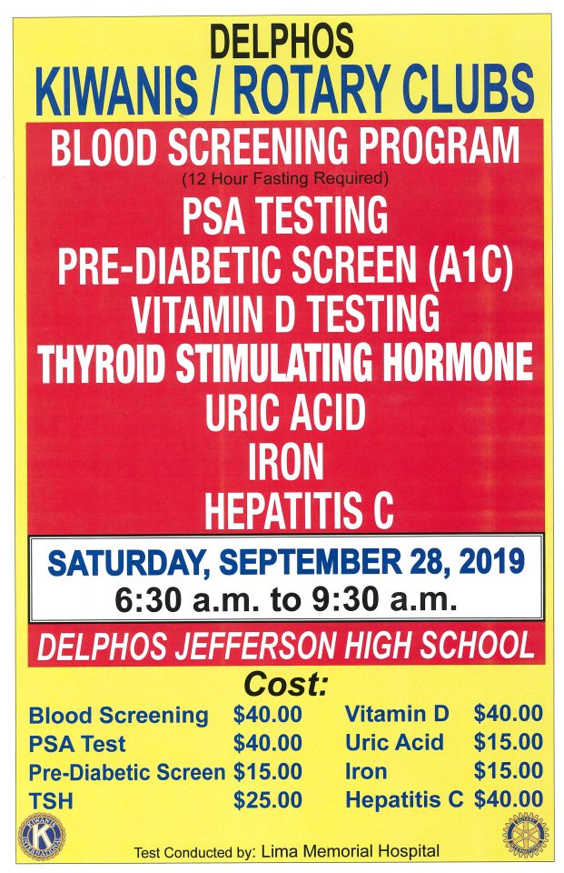 Blood Screening Sept. 28 Delphos Kiwanis Club